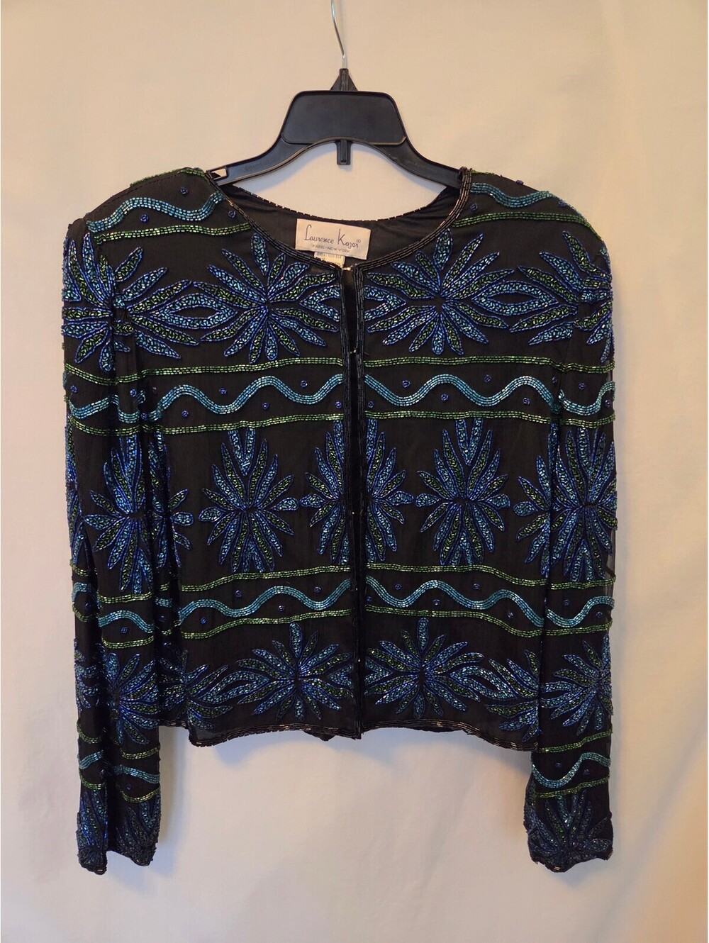 Vintage Laurence Kazar 100% Silk Beaded Jacket L Black Blue Green 80s 90s